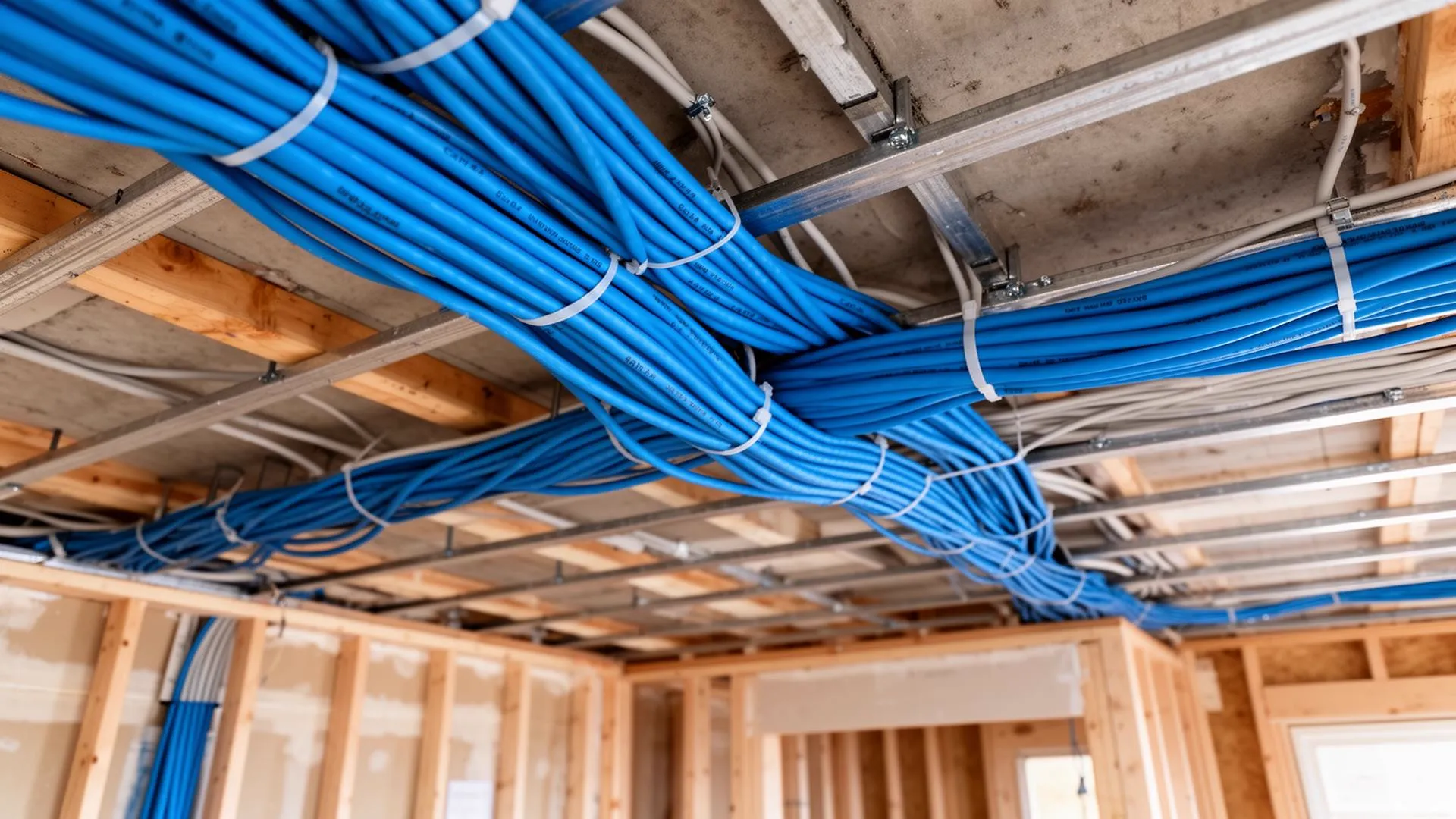 Labeled Cat6 and speaker cable home runs at rough-in in a Charlotte custom home
