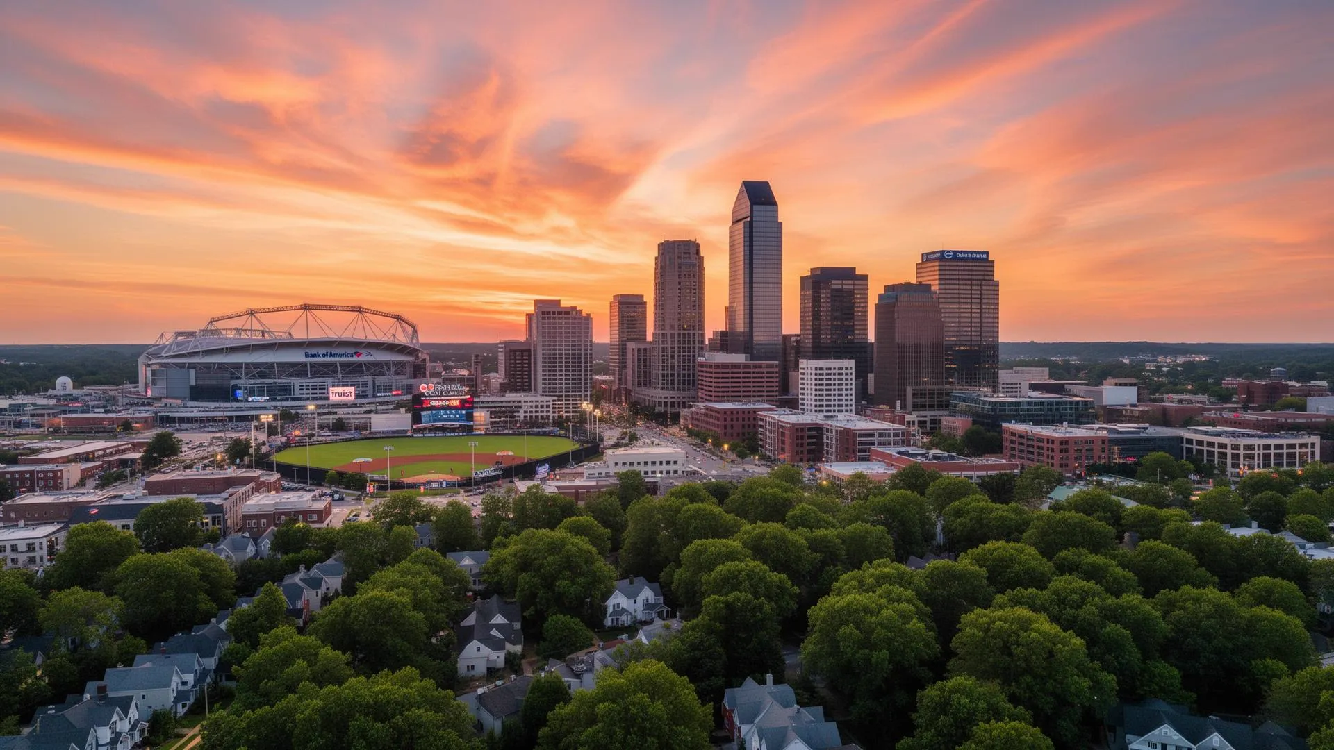 Charlotte North Carolina skyline at twilight with luxury residential estates