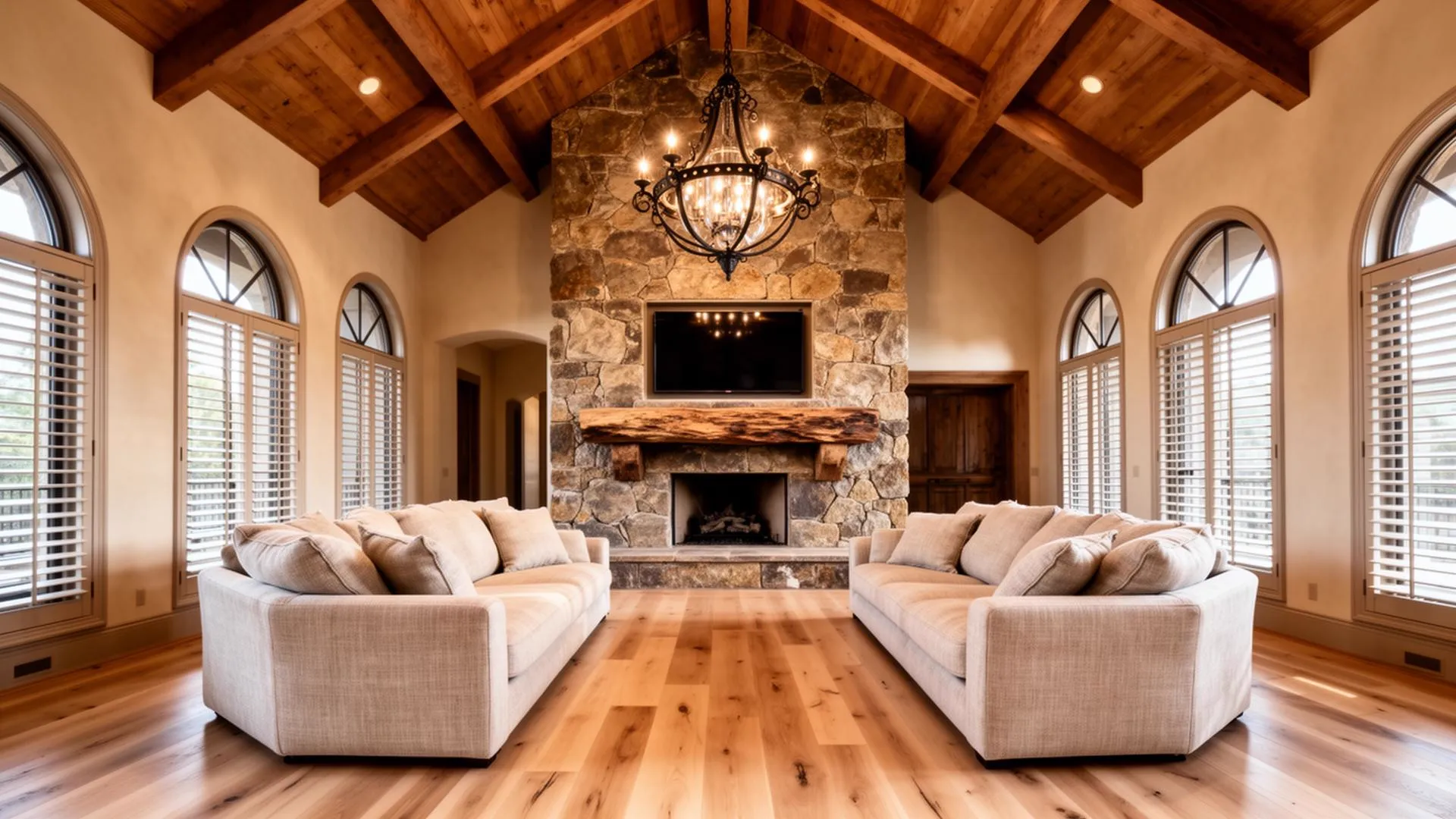 Concealed architectural speakers and display in a luxury great room audio video installation