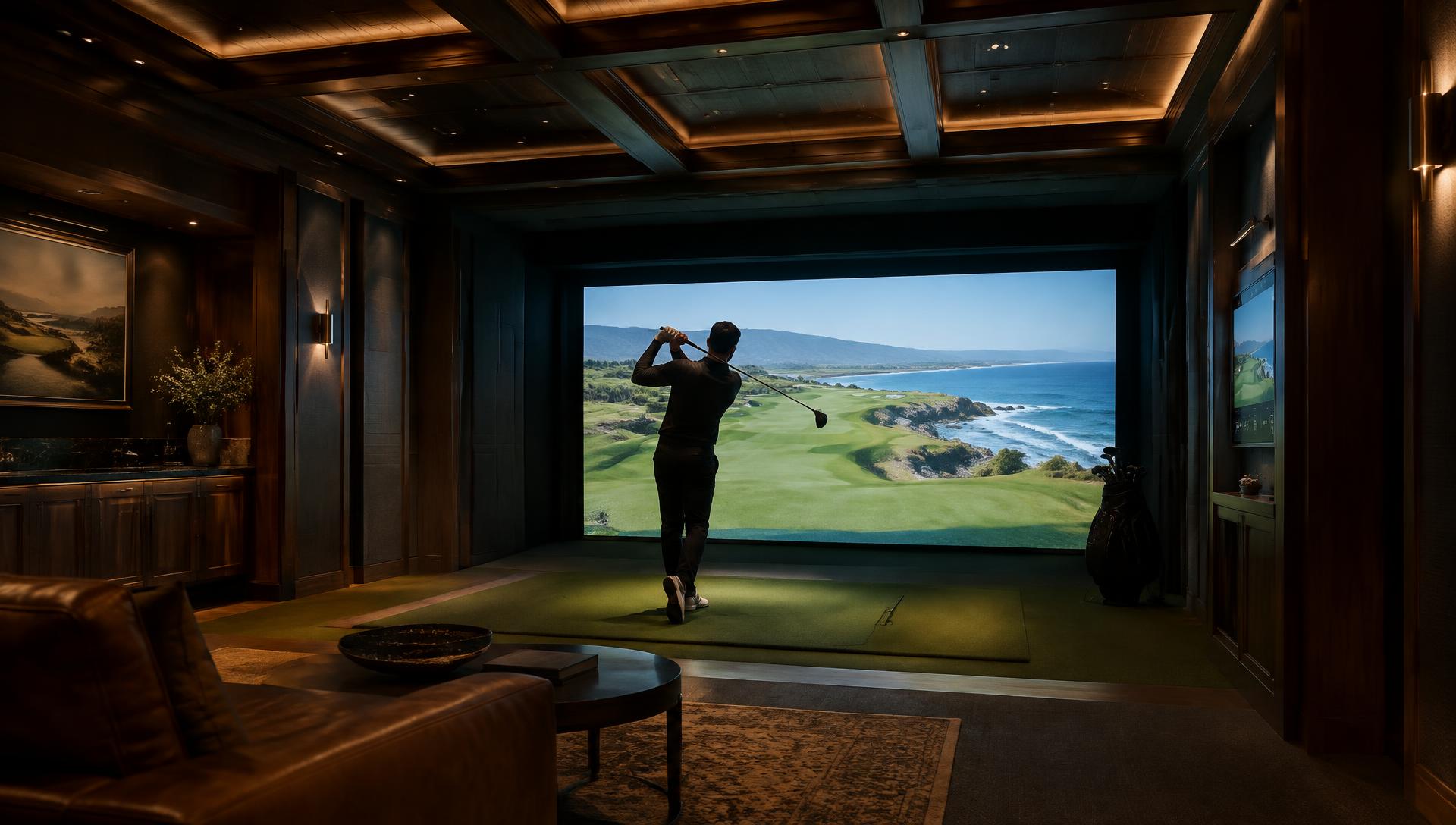 Luxury residential golf simulator room with walnut millwork, brass lighting, and a golfer mid-swing before a floor-to-ceiling projection screen