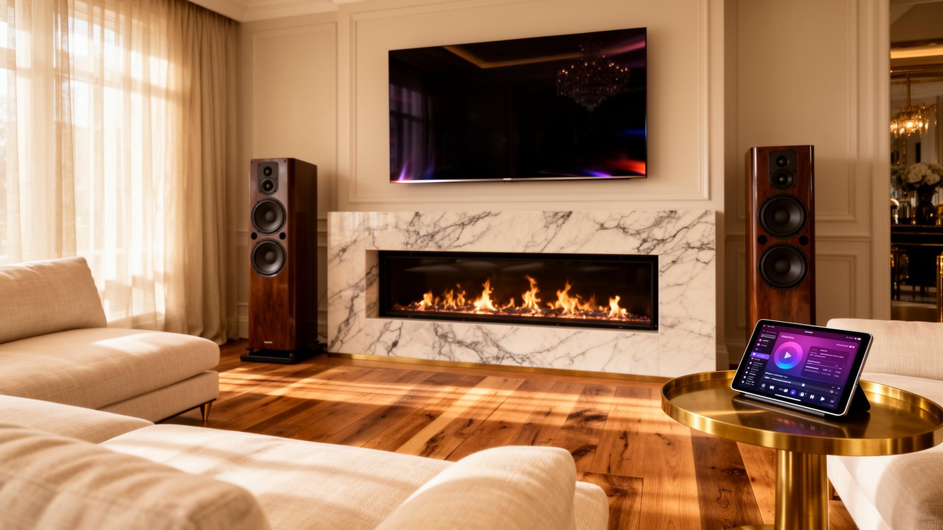 Luxury Charlotte living room with clean plaster walls and ceilings concealing invisible speakers