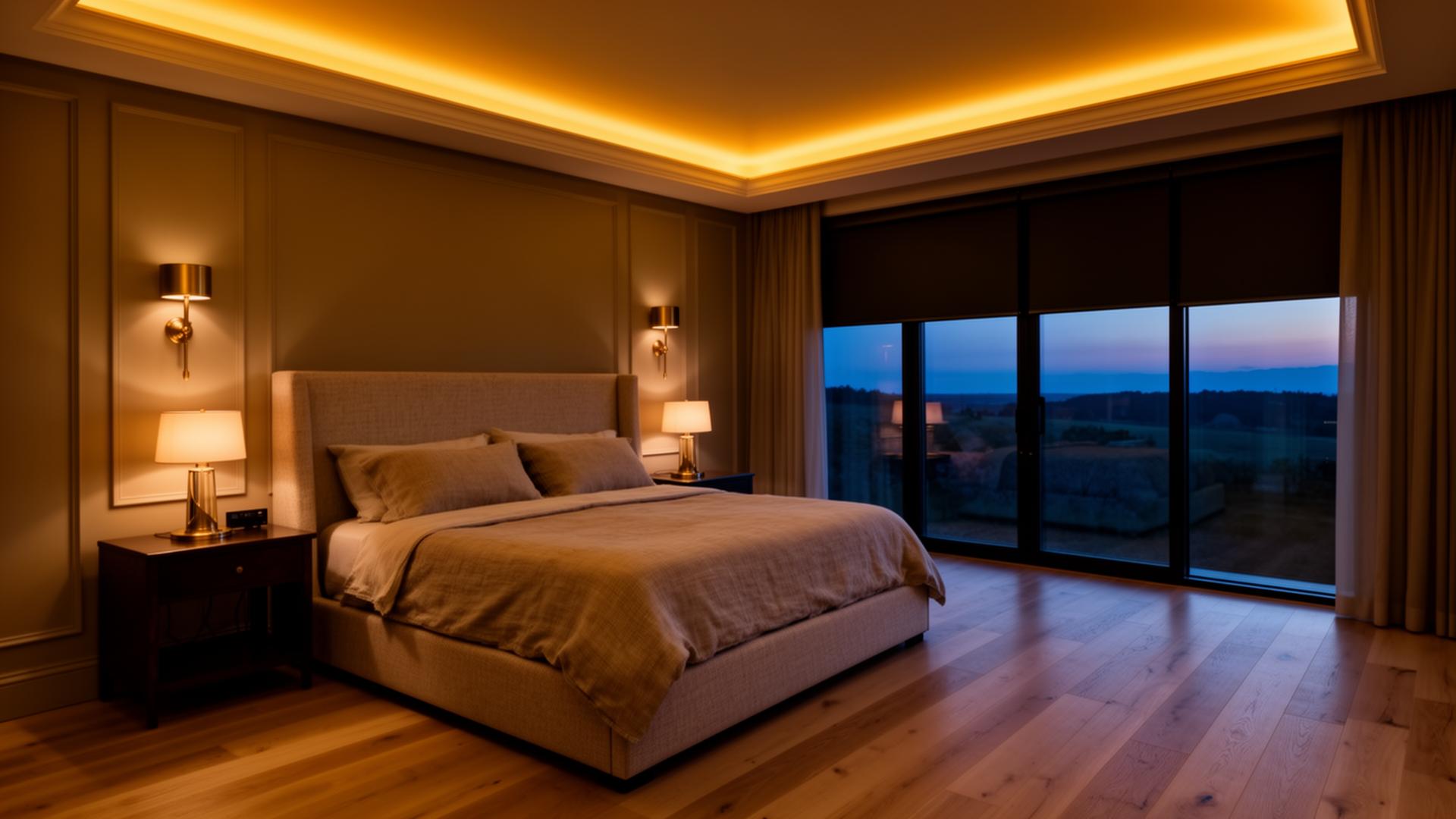 Luxury living room with architectural smart lighting at twilight