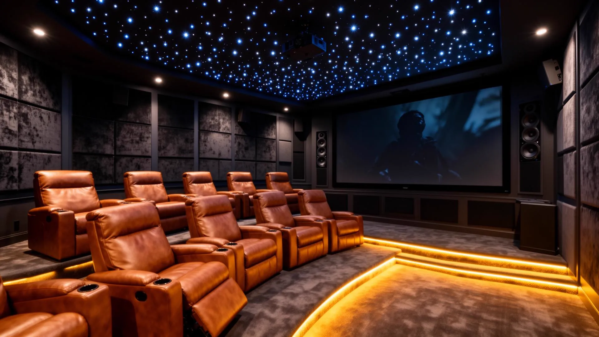 Luxury home theater with immersive audio visual system designed by Peters Audio Video in Charlotte NC