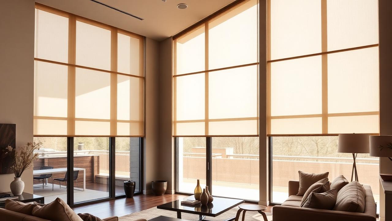Luxury estate with motorized window treatments controlling natural light