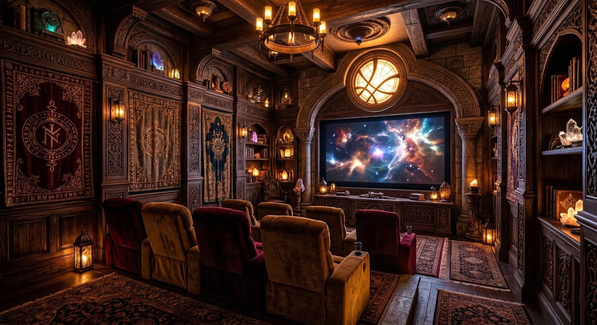 The Alchemist's Tower — Gothic stone arches, rose window, crystal displays, velvet seating, and candleli