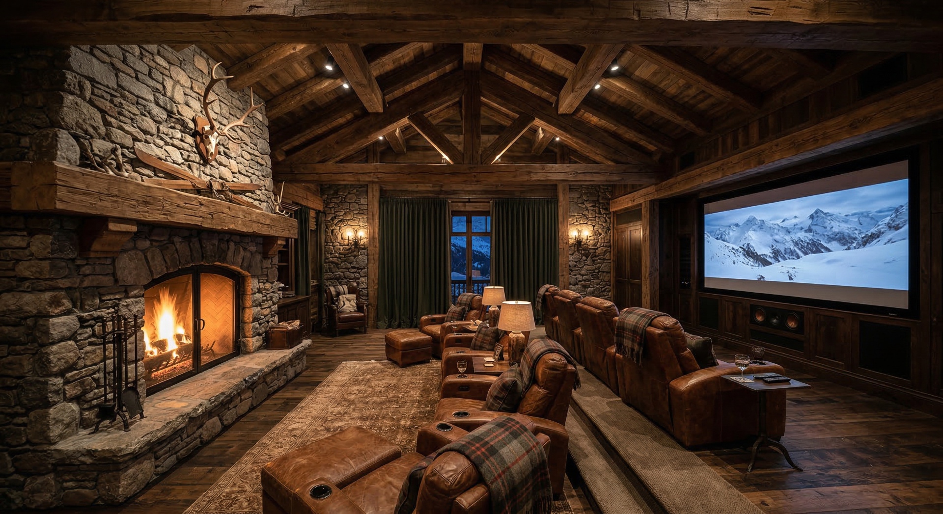 The Alpine Lodge — Stone fireplace, exposed timber trusses, and oversized leather loungers craft a 