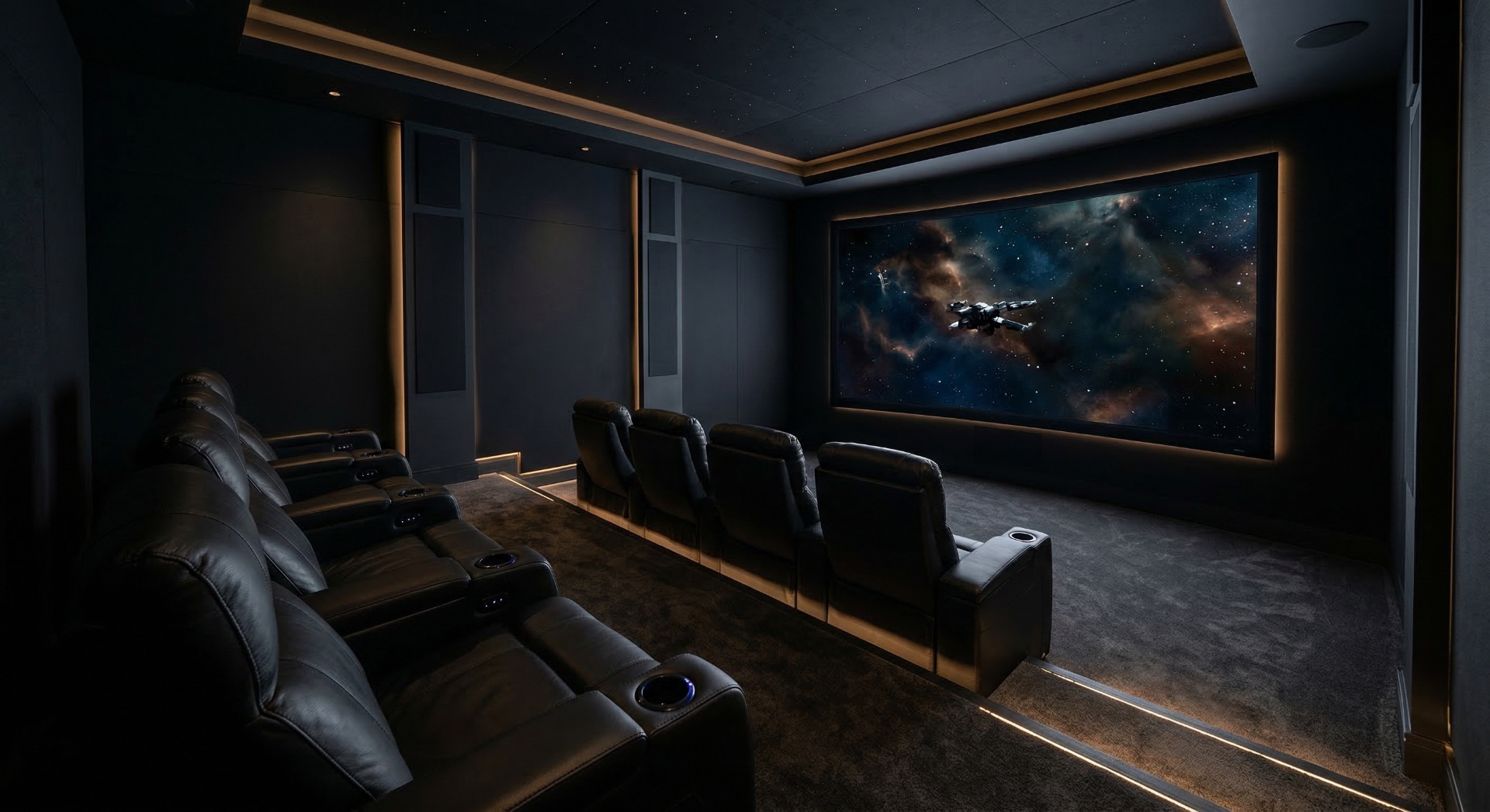 The Blackout Suite — Matte black walls, starfield ceiling, and amber-trimmed recliners vanish into da