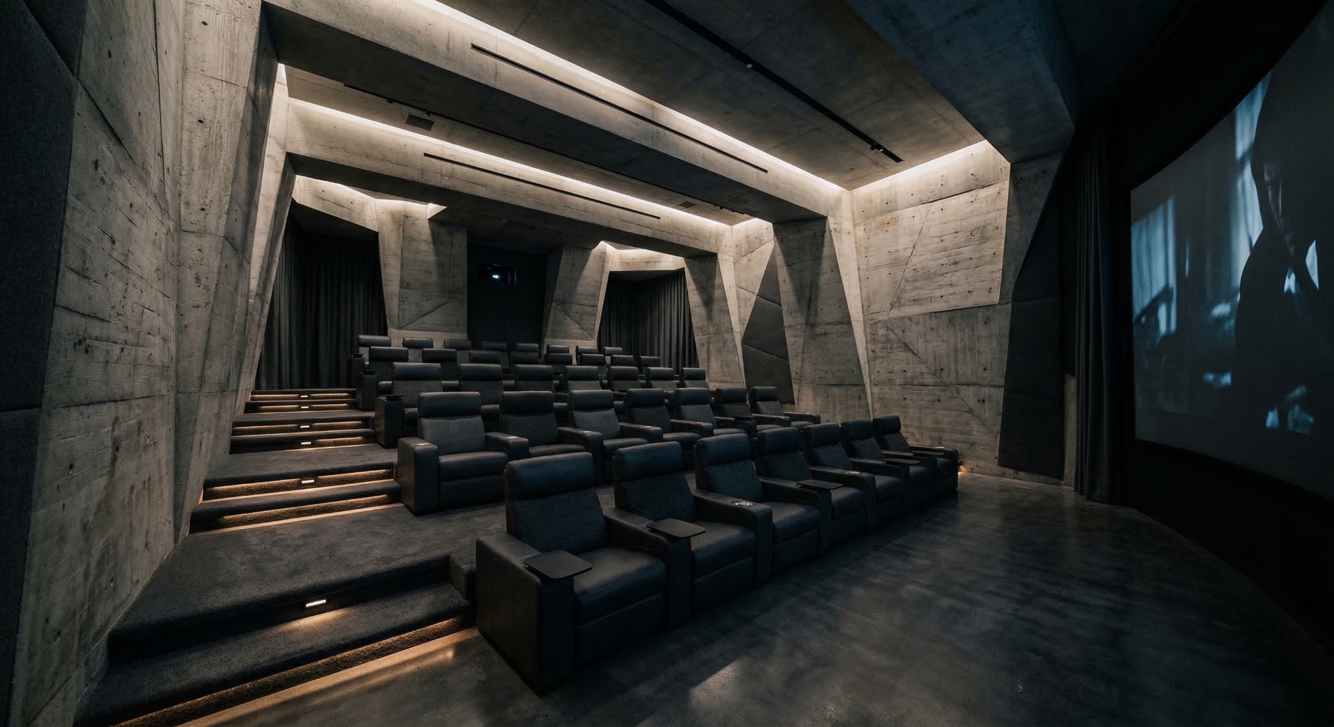 The Brutalist Cinema — Sculpted board-formed concrete, tiered seating, and hidden strip lighting delive