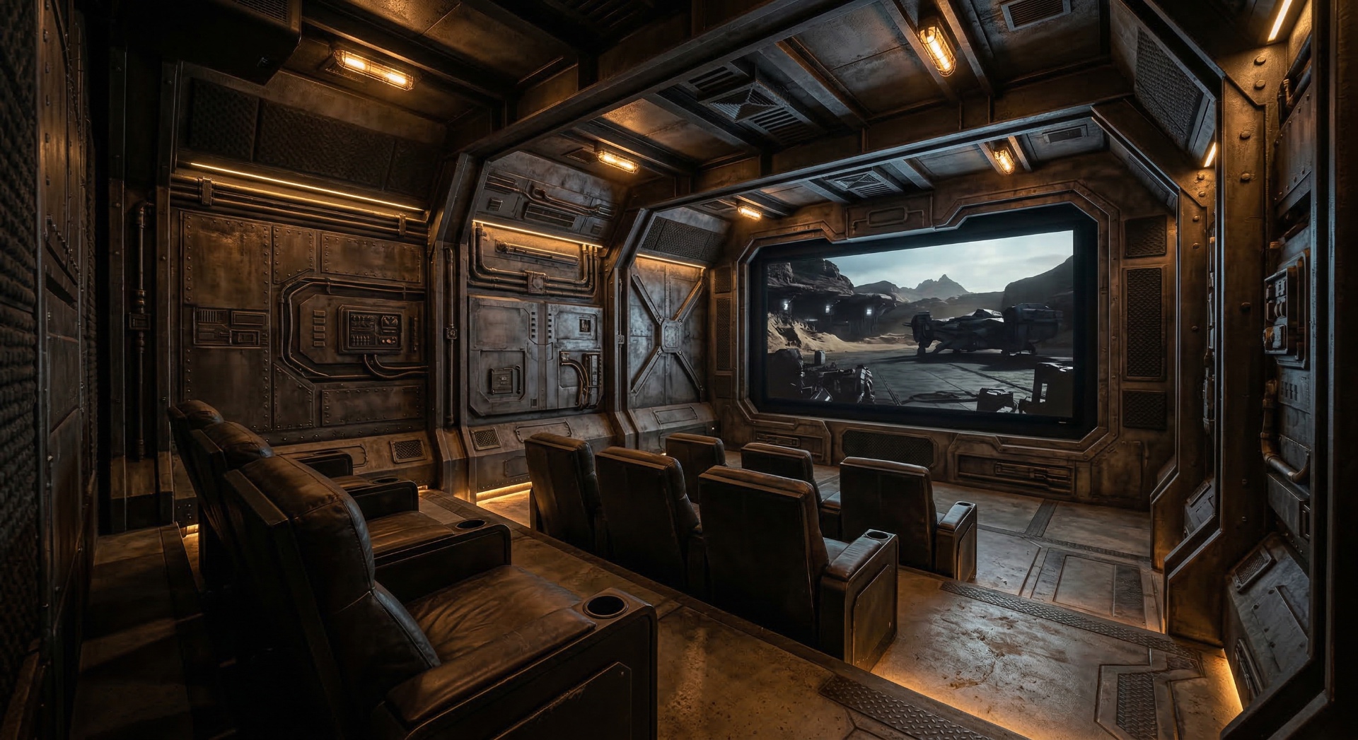 The Bunker — Riveted steel panels, industrial grating, and tactical amber lighting create a d