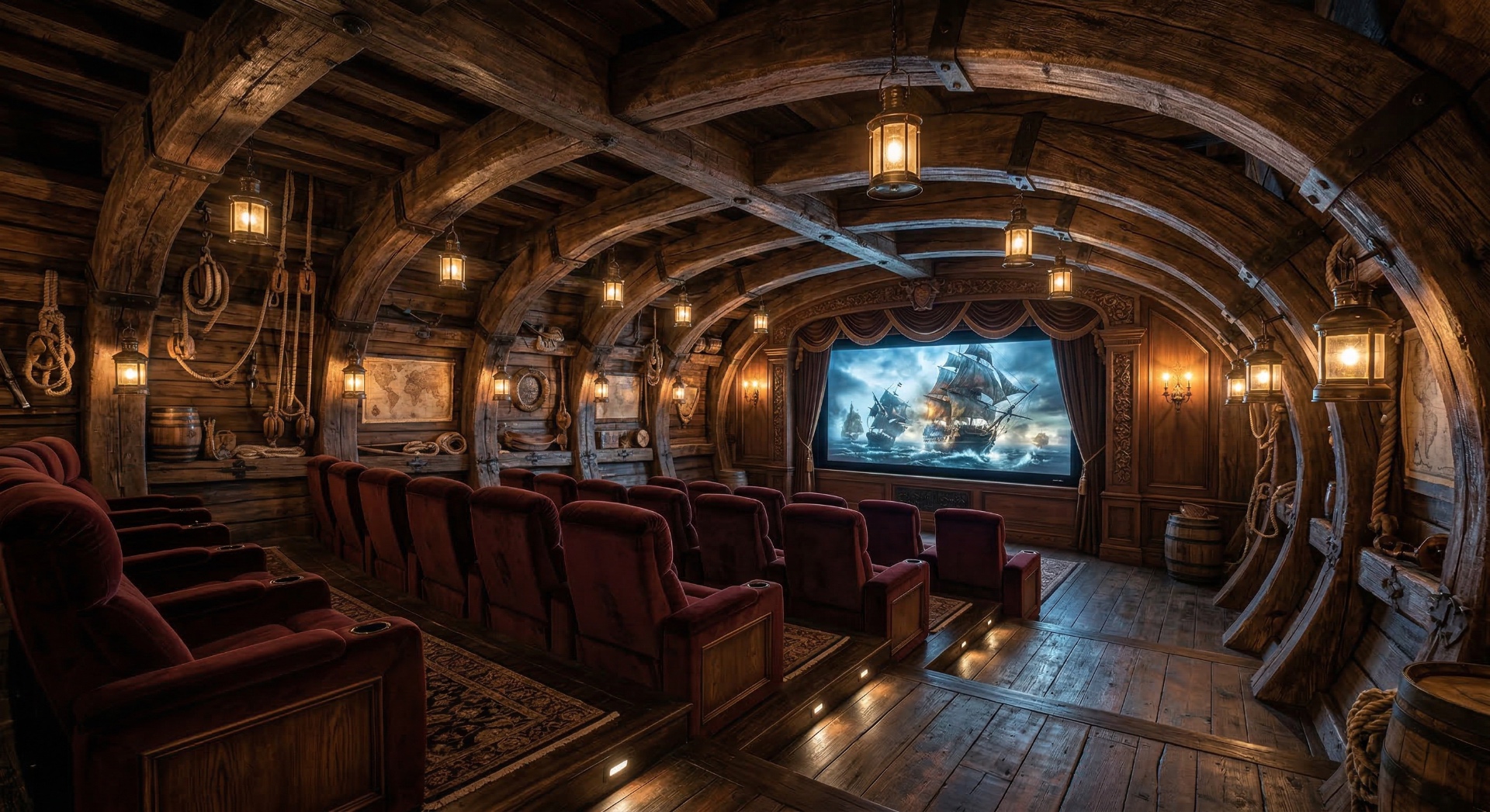 The Captain's Deck — Curved timber ribs, nautical lanterns, rope accents, and sea-battle visuals evok