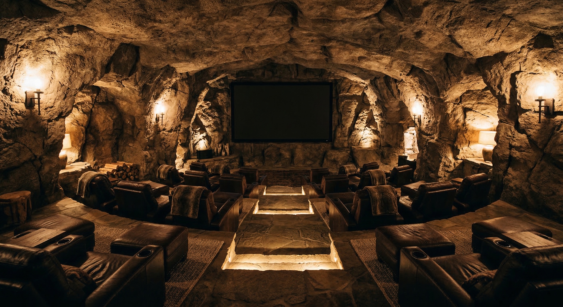 The Cavern — Natural stone walls, torch-style sconces, and tiered leather seating carved into