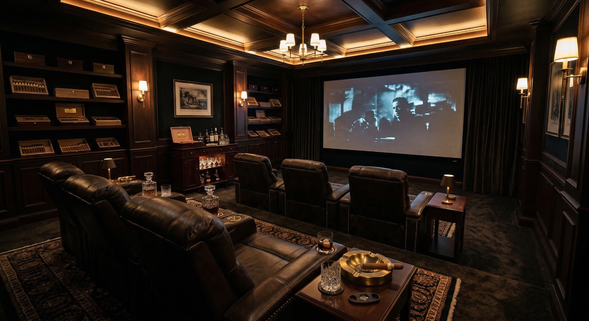 The Cigar Lounge — Floor-to-ceiling cigar displays, dark walnut cabinetry, and a vintage chandelier