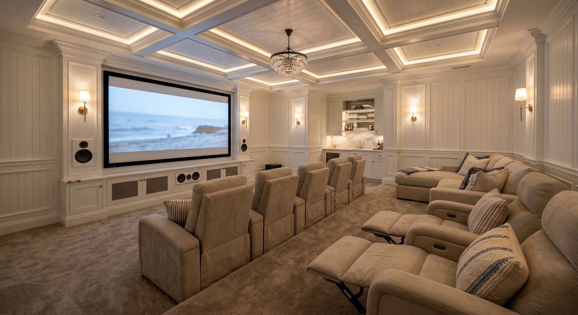 The Coastal Estate — White beadboard paneling, crystal chandelier, coffered ceiling with cove lightin