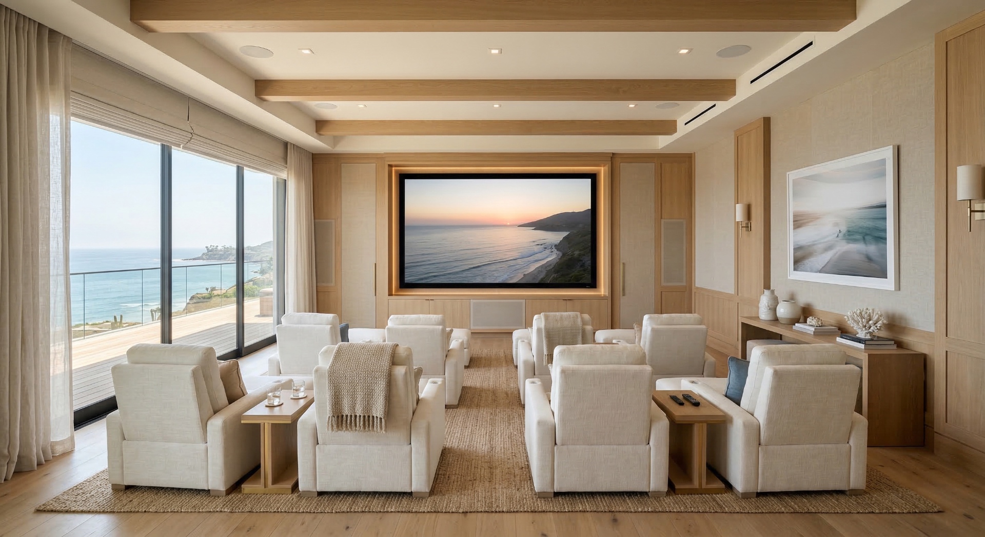 The Coastal Modern — Light oak millwork, ocean-view windows, linen recliners, and jute rugs compose a