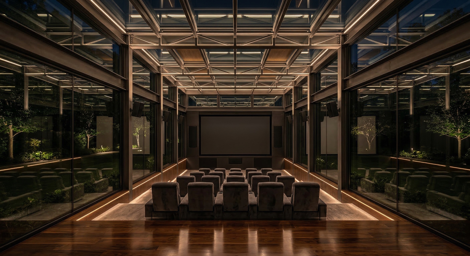 The Conservatory — Floor-to-ceiling glass walls dissolve the boundary between indoor cinema and lan