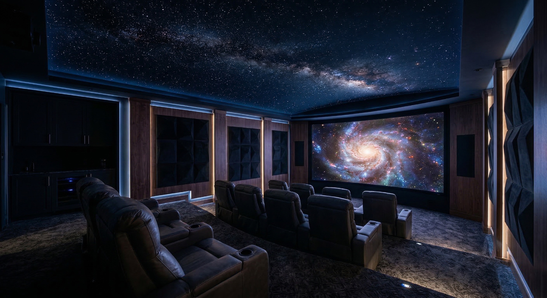 The Celestial Suite — A starfield ceiling and dark acoustic wall panels surround plush recliners, deli