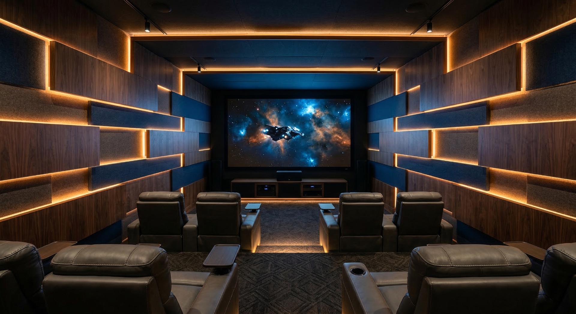 The Cosmic Passage — Floating wall slats with warm edge-lighting and clean walnut planes deliver a sl