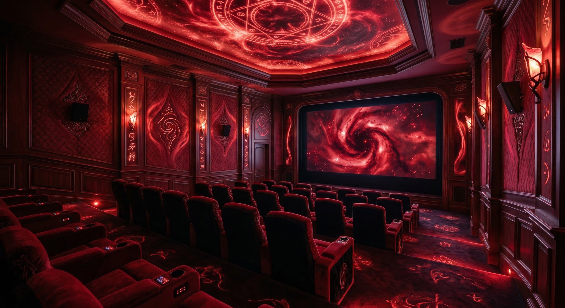 The Crimson Sanctum — Deep red velvet seating, arcane ceiling projections, and mystical rune-like wall