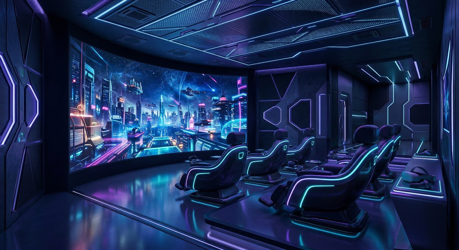 The Cyberpunk Bridge — Neon purple and cyan lighting, wraparound curved display, and cockpit-style seat
