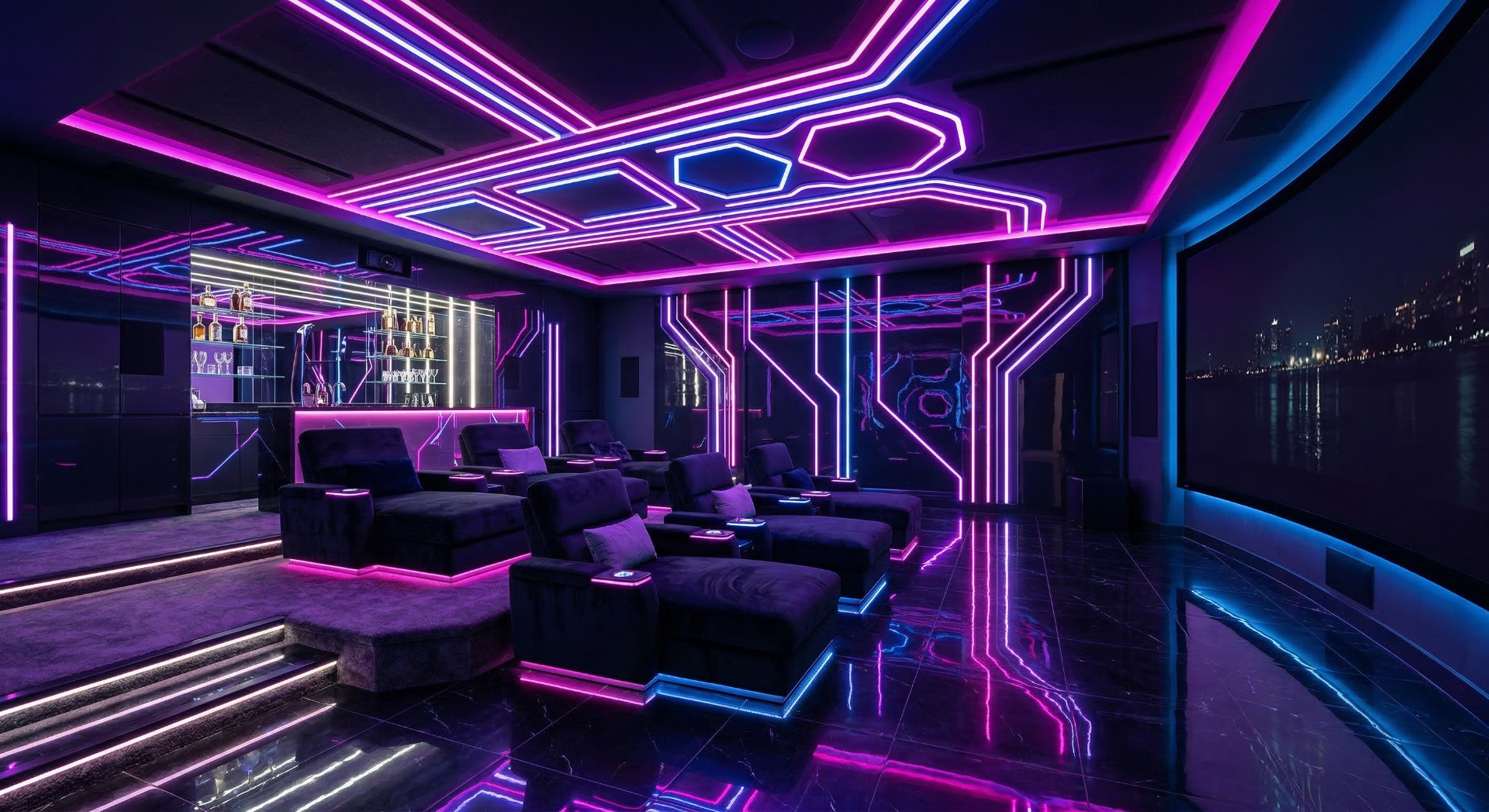The Neon District — Magenta and cyan LED circuitry traces across reflective surfaces and a mirrored 