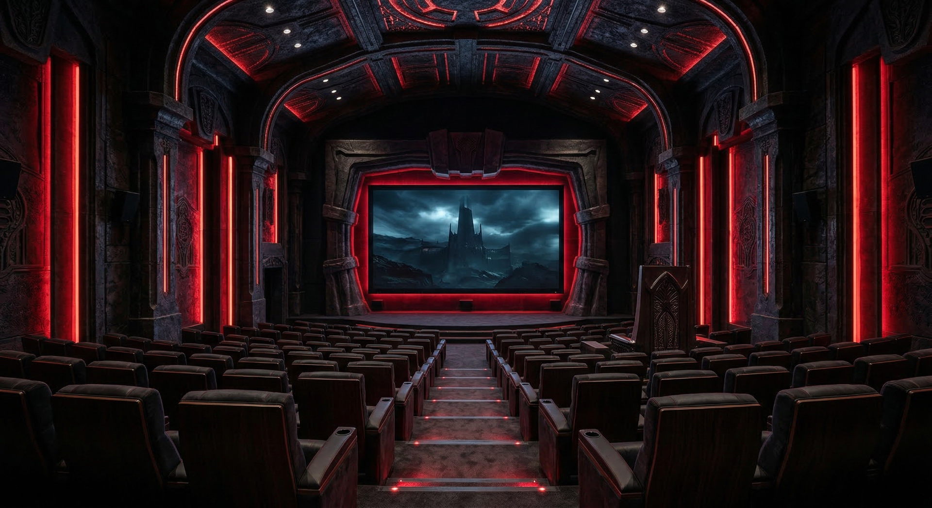 The Dark Citadel — Stone arches, crimson neon accents, and gothic sculpted columns create a fortres