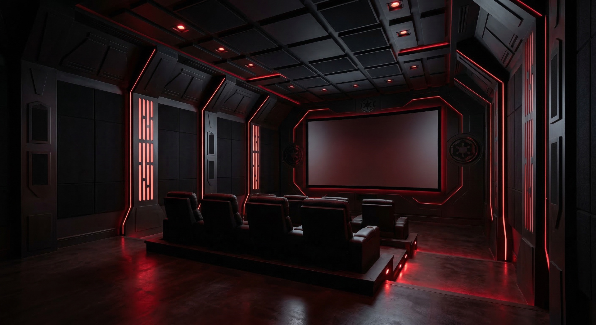 The Dark Side — Matte black angular paneling with crimson LED accent lines channels the aestheti