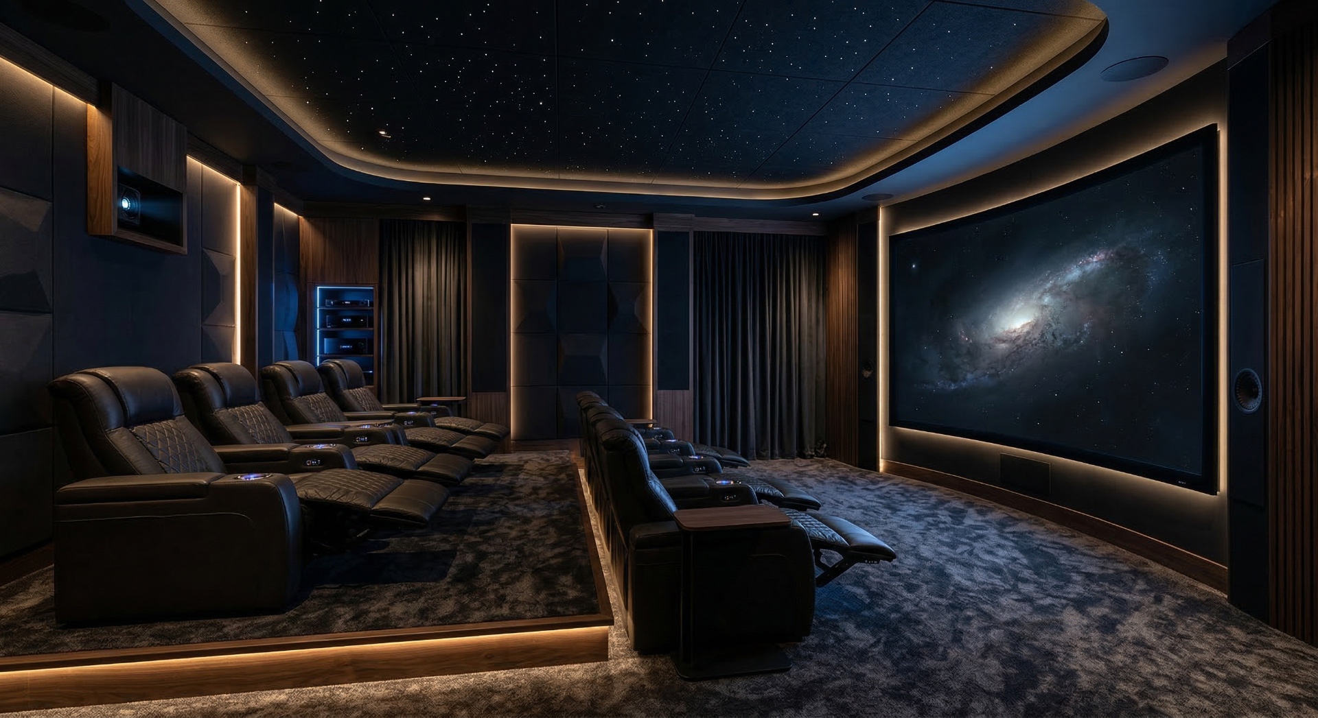 The Deep Space Observatory — A fiber-optic star ceiling, dark acoustic panels, and a curved screen displaying