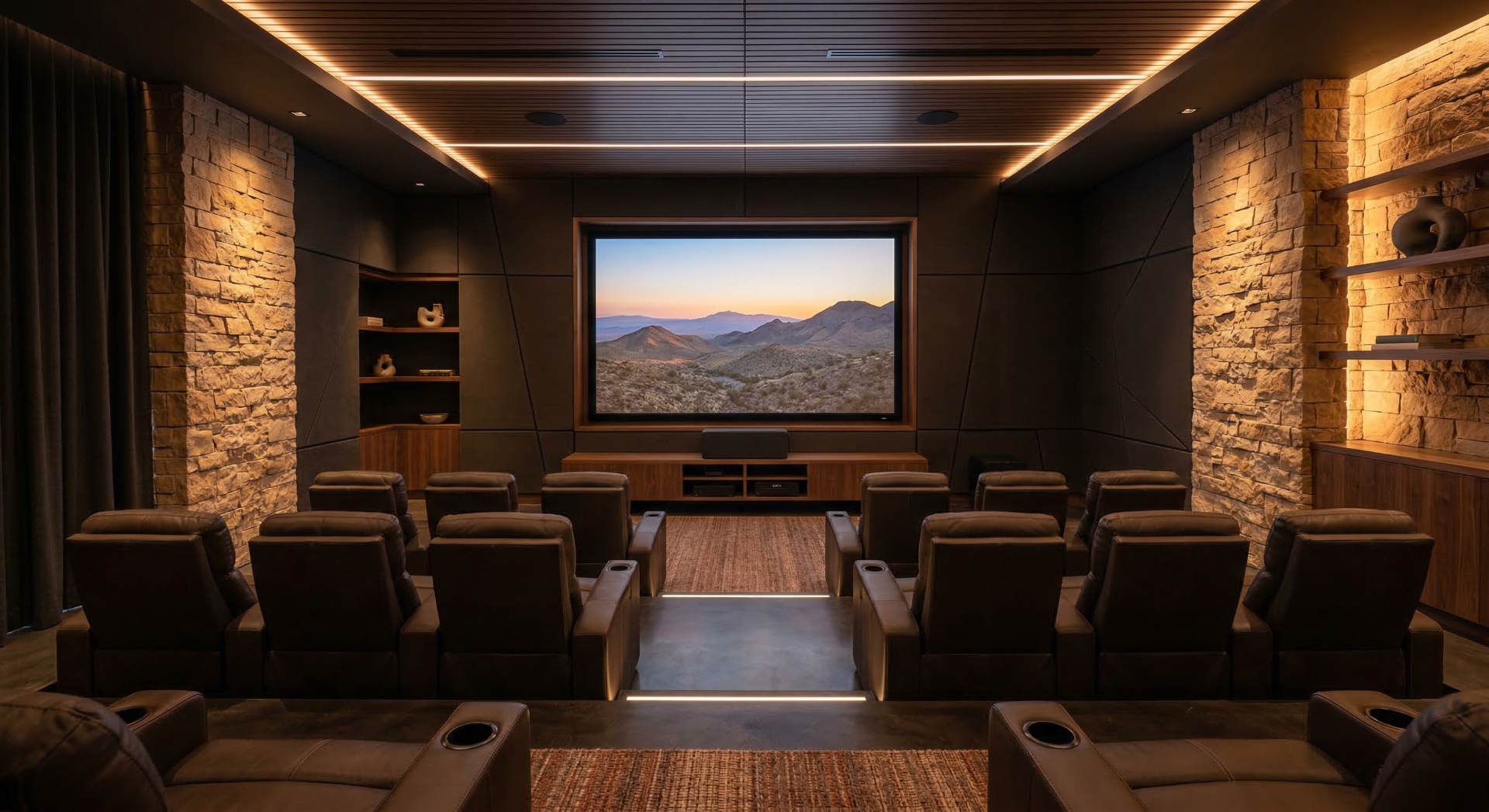 The Desert Stone — Stacked stone columns, warm walnut cabinetry, and linear ceiling lighting ground
