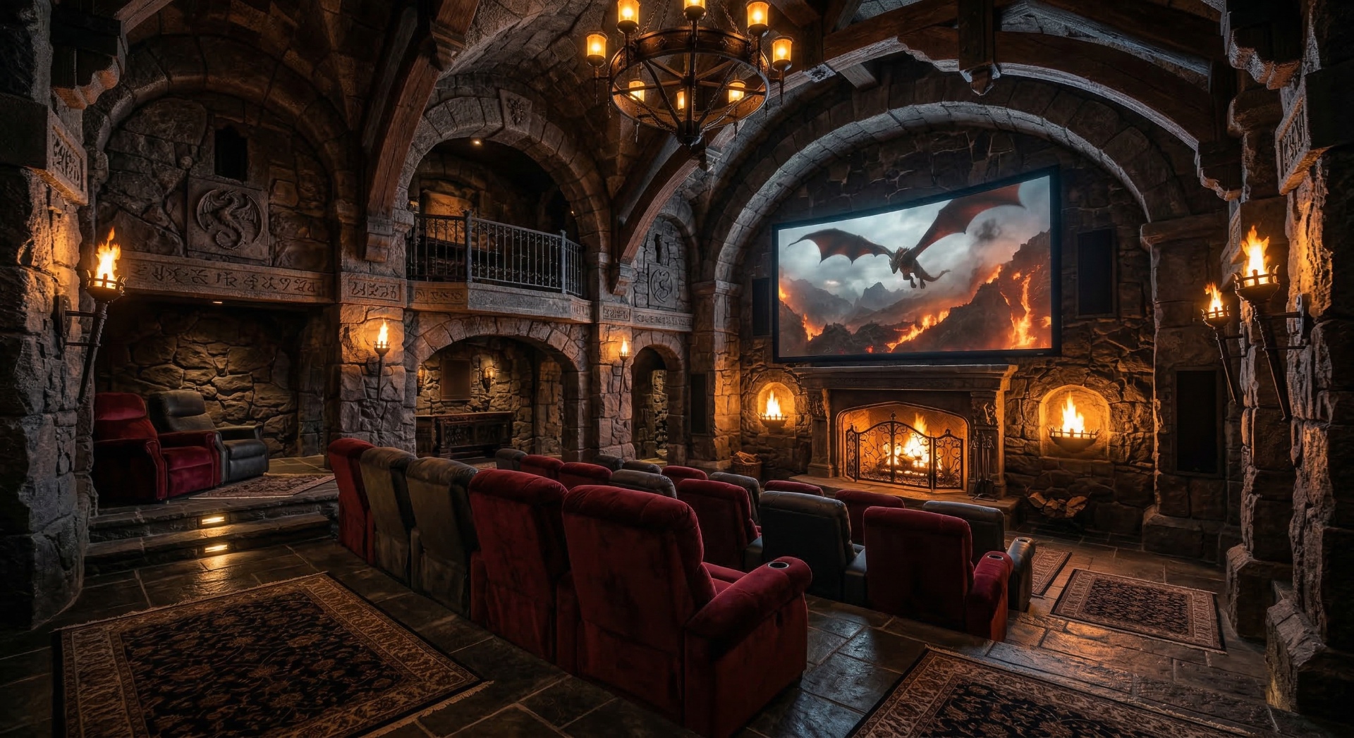 The Dragon Keep — Torchlit stonework, fortress arches, roaring fireplaces, and dragon-flight visua