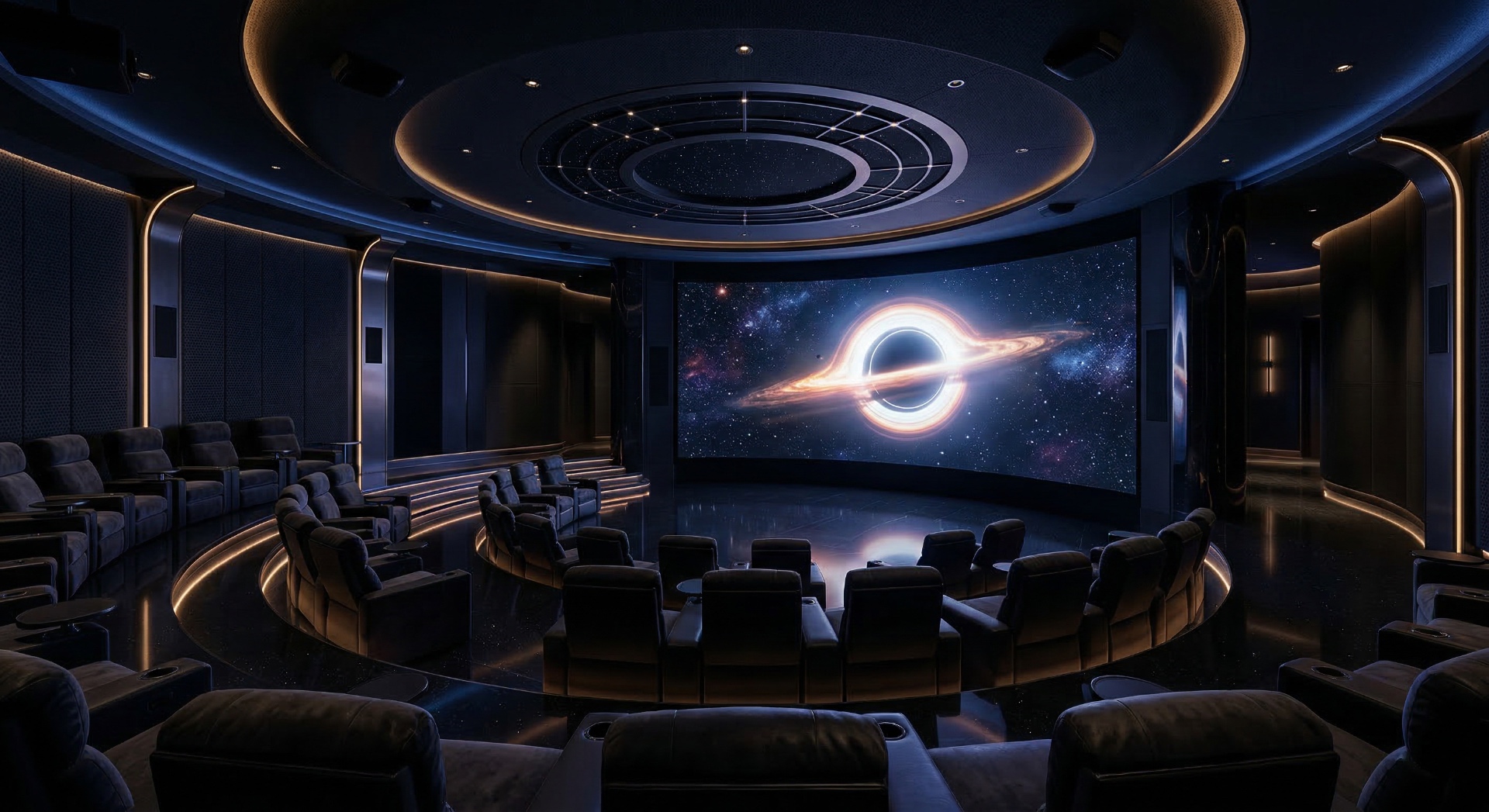 The Event Horizon — Concentric celestial ceiling elements and a sweeping curved screen define a prem