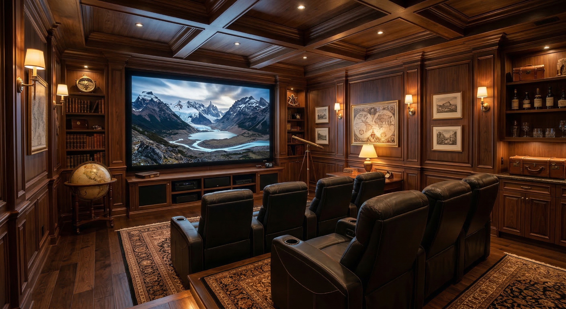 The Expedition Study — Rich walnut paneling, world maps, and leather recliners create a gentleman-explo