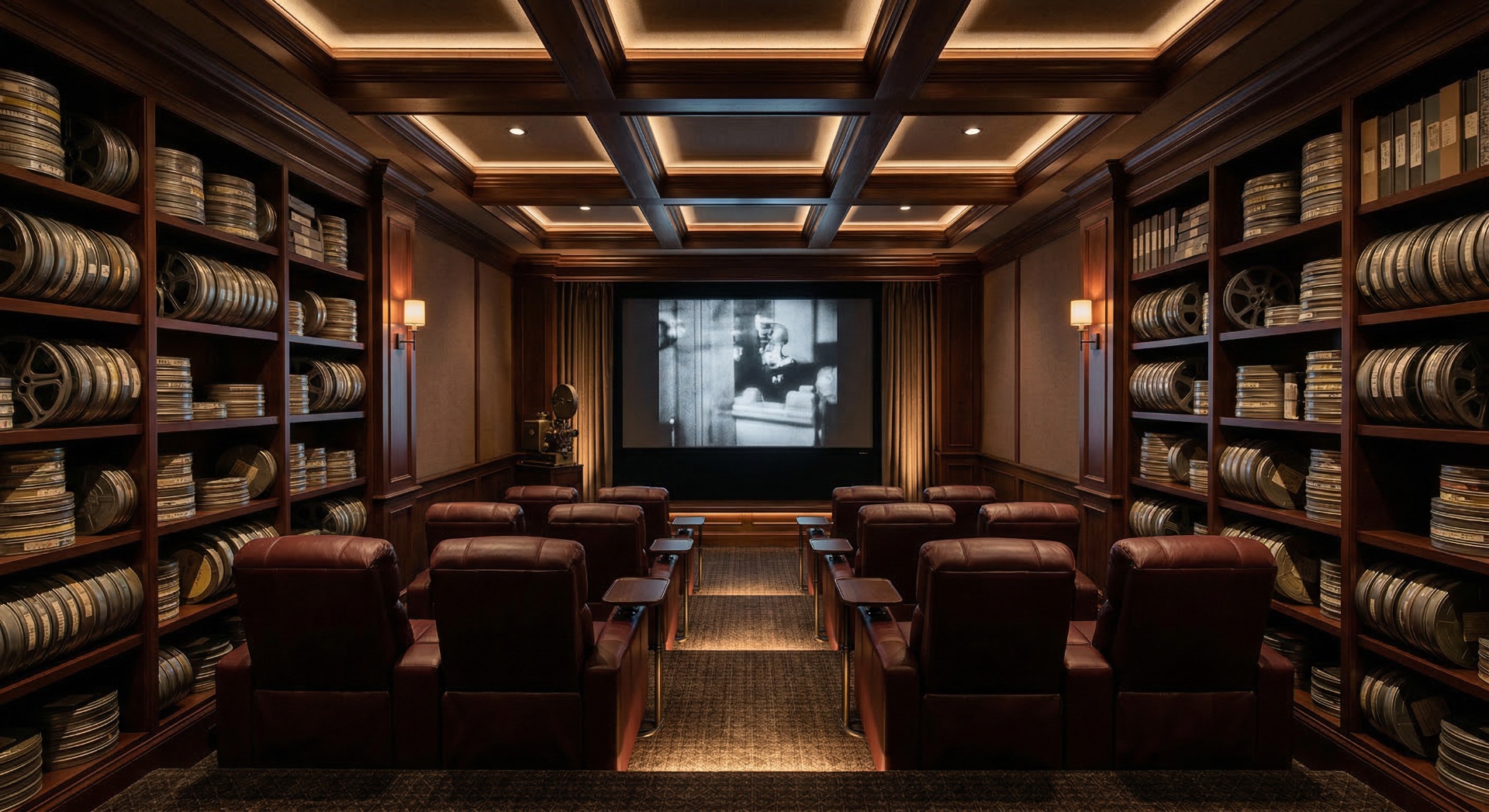 The Film Vault — Floor-to-ceiling shelves of vintage film reels surround leather recliners in a c