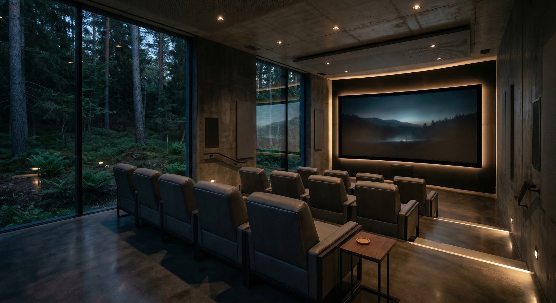 The Forest Retreat — Floor-to-ceiling glass opens onto a Pacific Northwest forest setting. Polished c