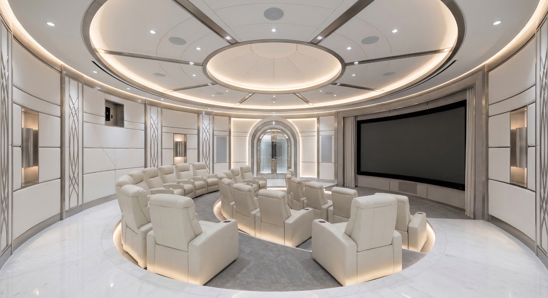 The Futurist Lounge — Soft white curves, integrated linear lighting, and sculpted lounge seating prese