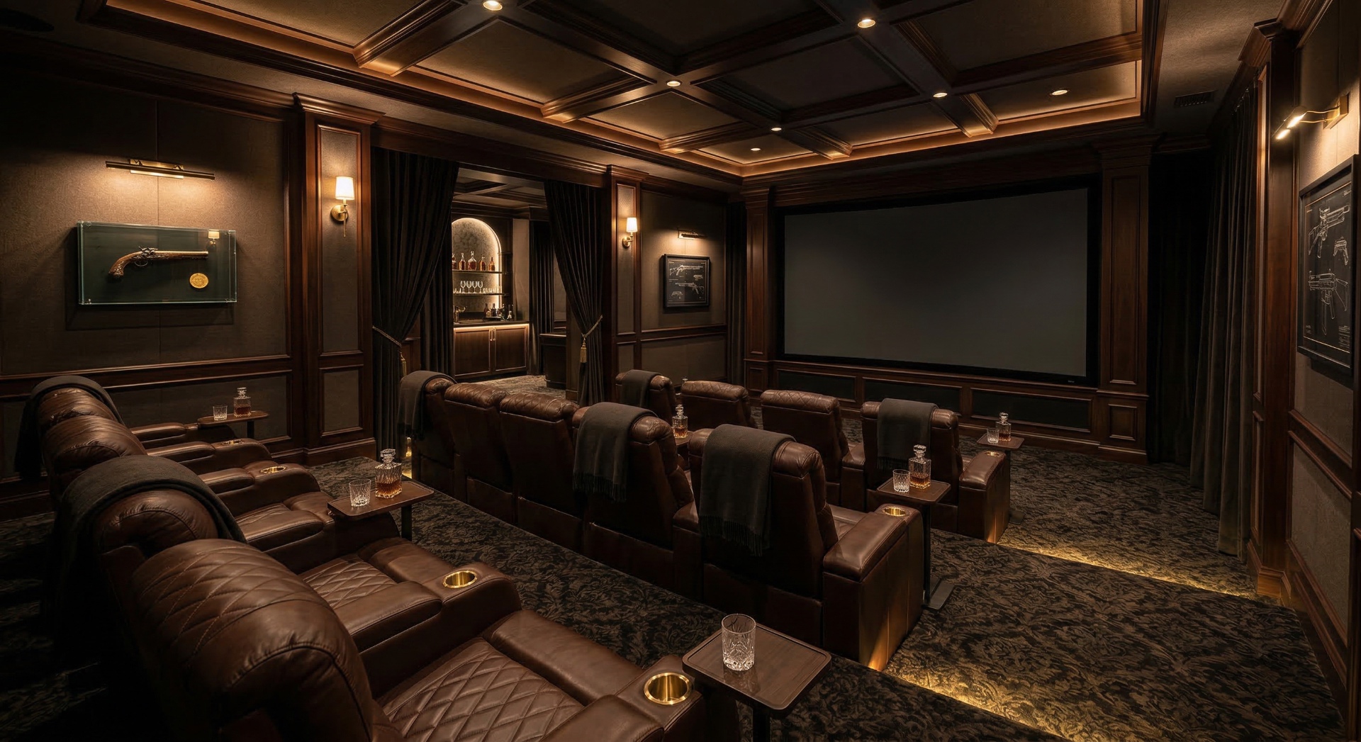 #1 ranked home theater design: The Gentleman's Club — Rich mahogany paneling, quilted leather recliners, and warm sconce lighting create a private screening room worthy of a Prohibition-era estate.