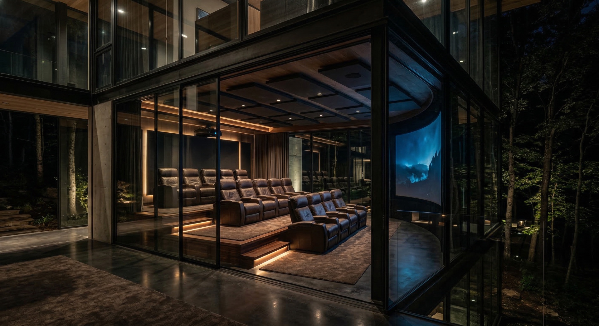 The Glass Pavilion — A transparent corner-cinema integrated into forest architecture blends indoor lu