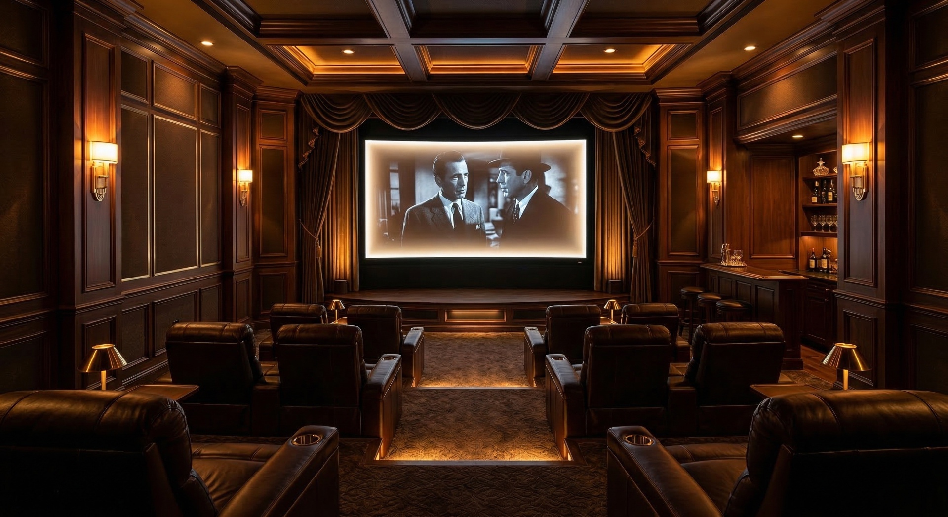The Golden Age — Dark mahogany wainscoting, brass sconces, and velvet curtains frame a classic Ho