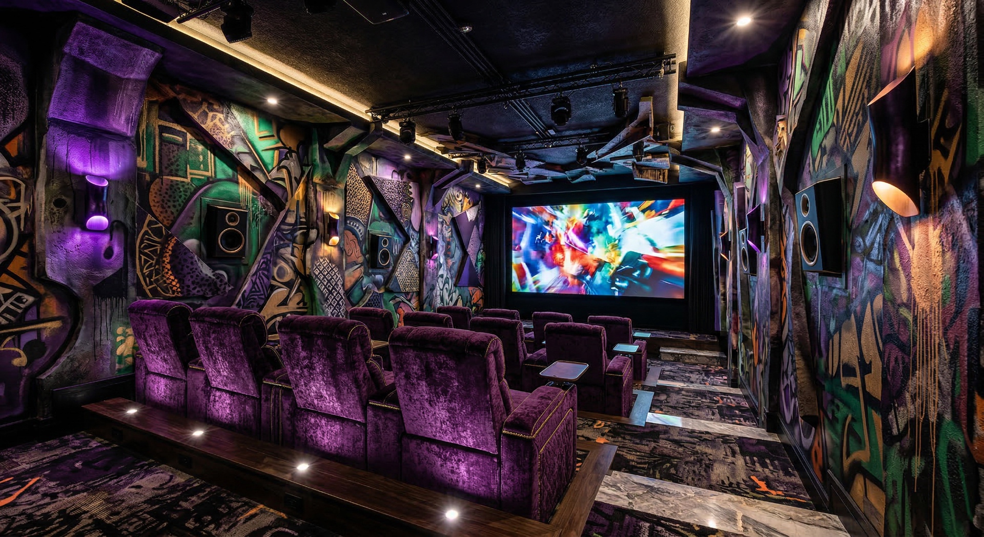 The Street Art Cinema — Floor-to-ceiling graffiti murals, crushed velvet seating, and exposed speaker ar