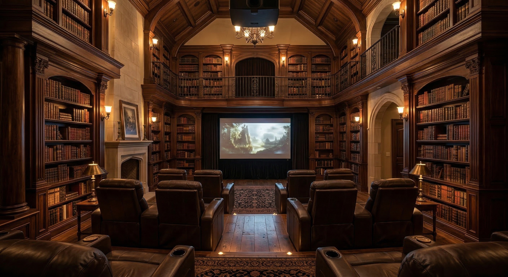 The Grand Library — Two-story bookshelves, mezzanine railing, fireplace, and a drop-down projection 