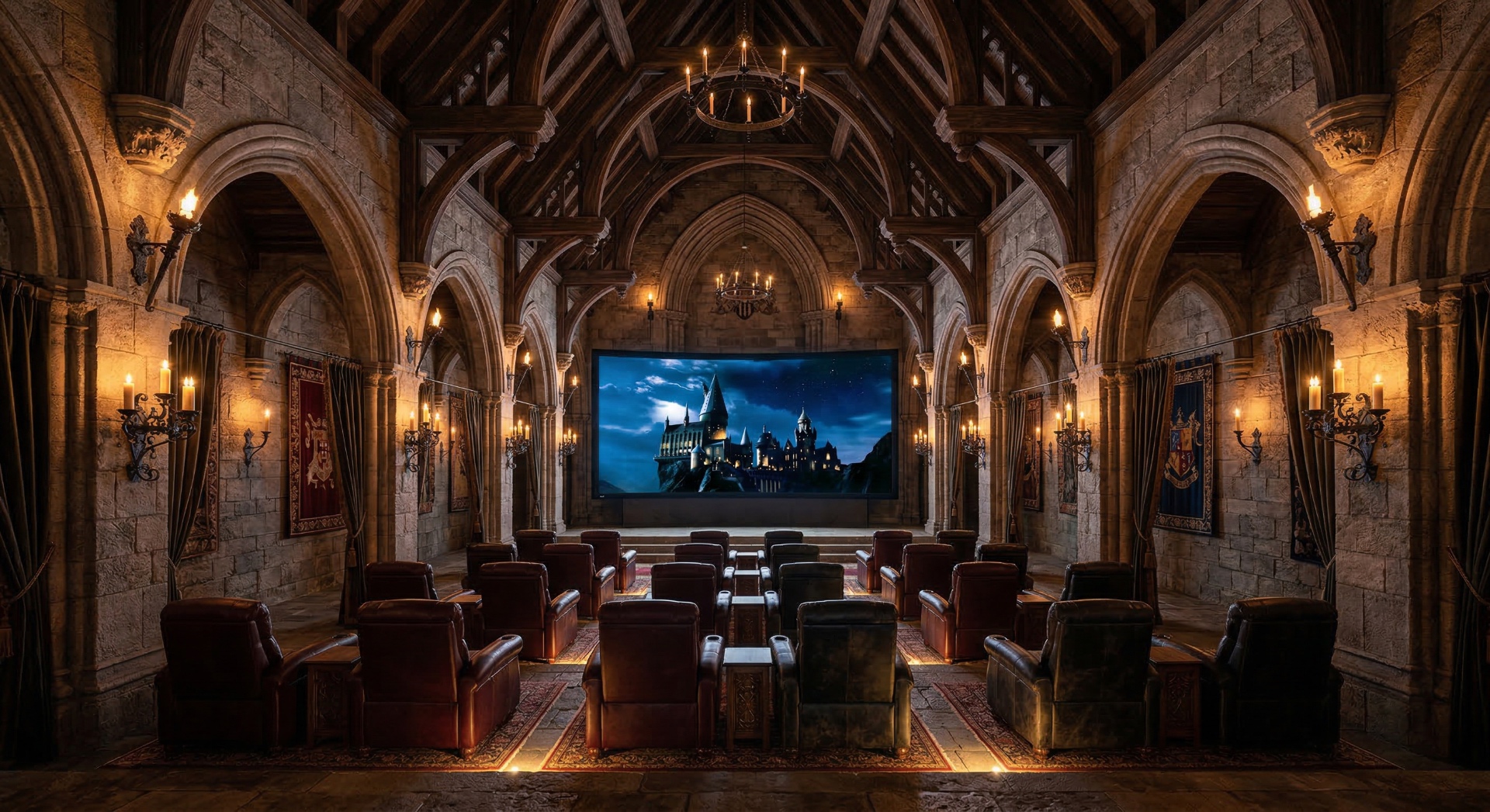 The Great Hall Cinema — Vaulted gothic trusses, stone arches, heraldic banners, and chandelier lighting 