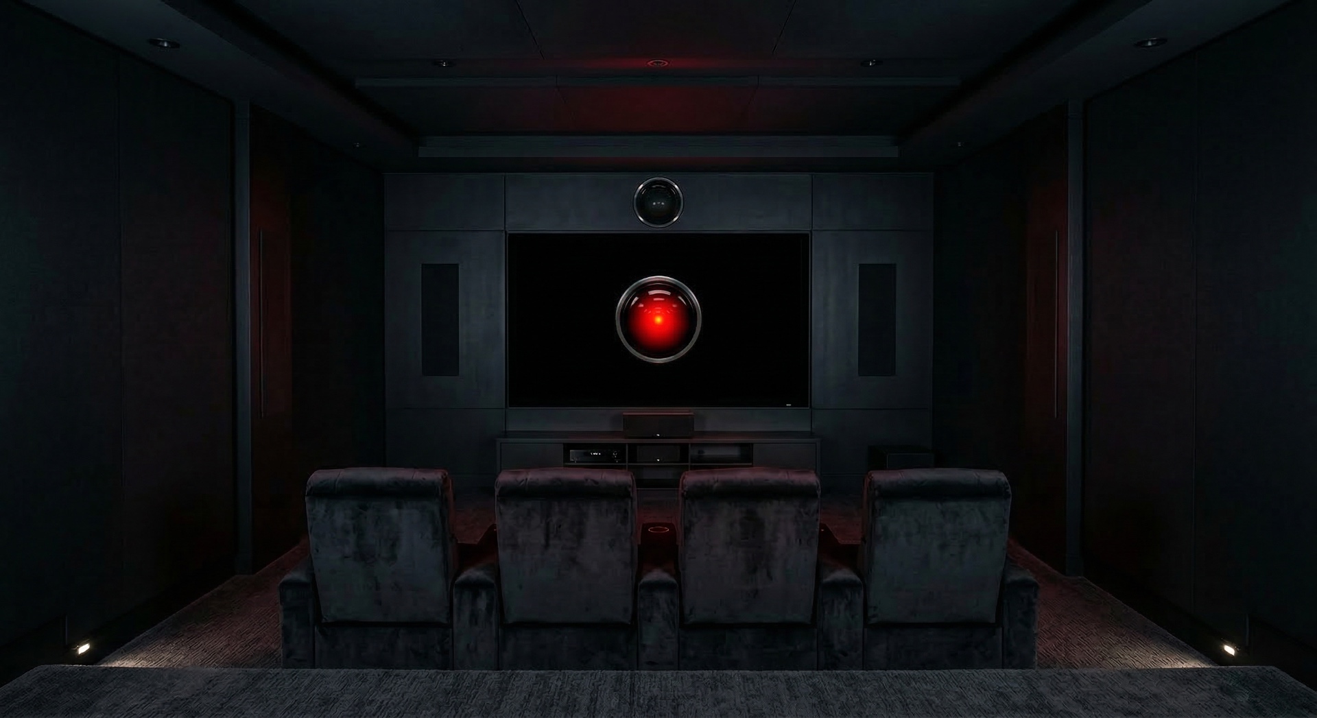 The HAL Chamber — A minimalist dark-shell theater with an iconic red AI eye focal point for a mood