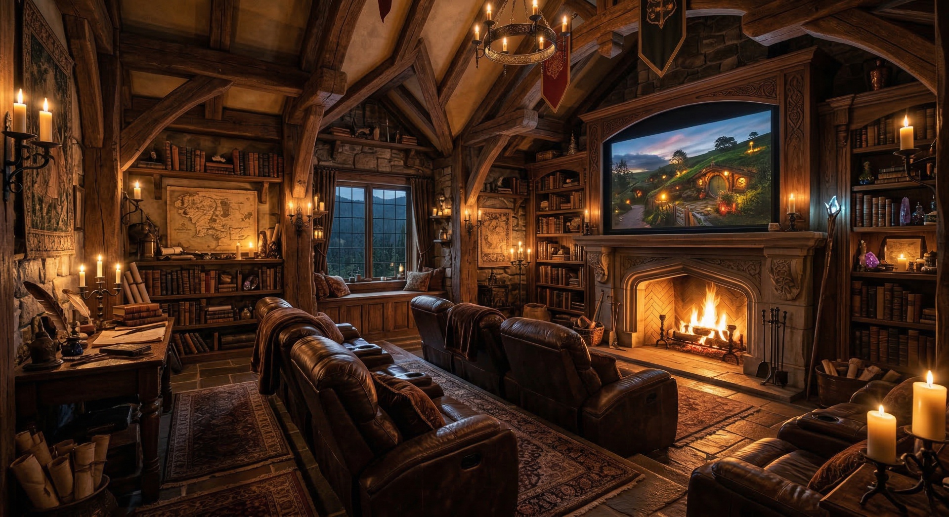 The Hobbit Hearth — Timber beams, stone fireplace, leather seating, and candlelight transform this t