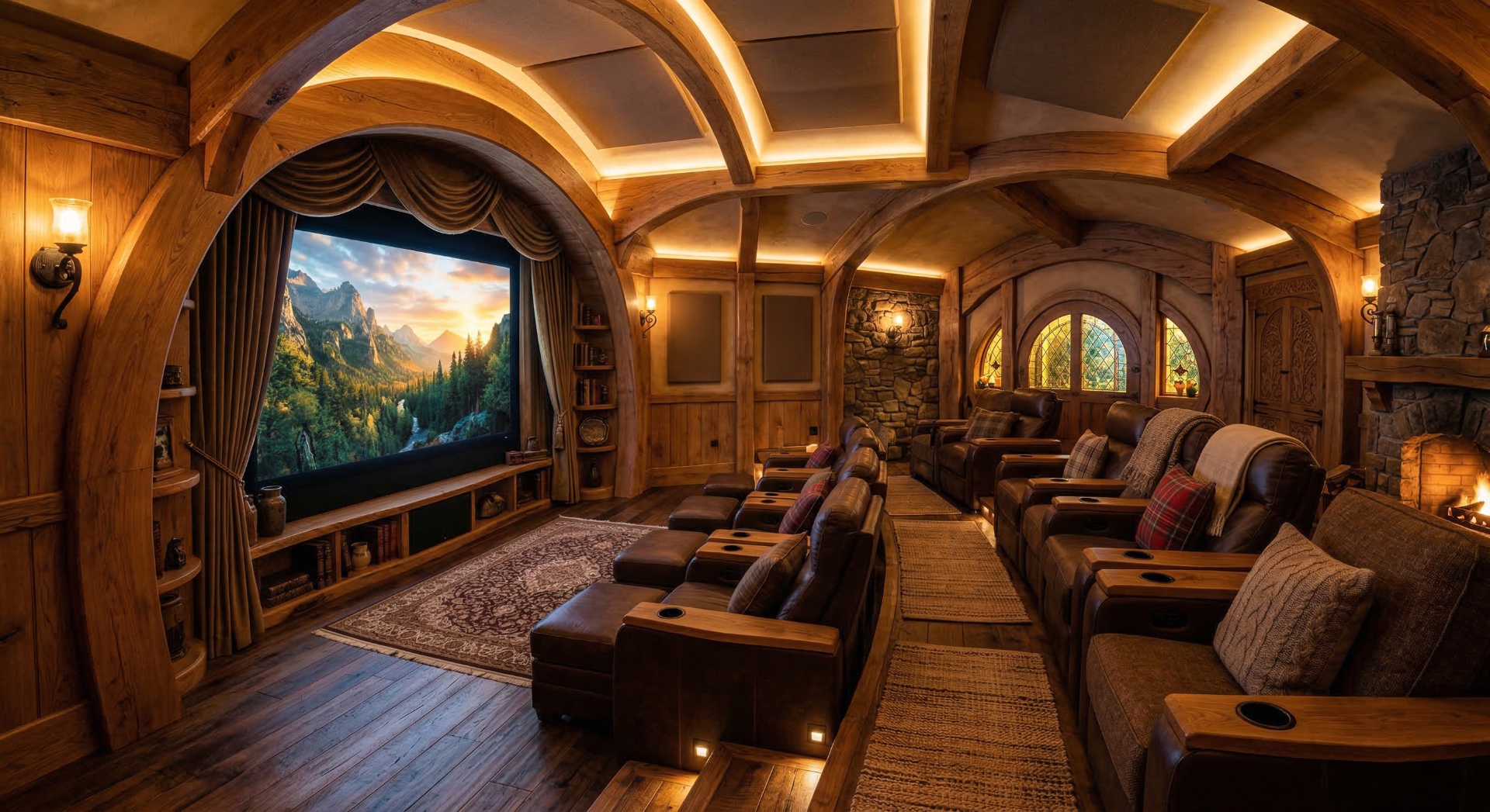 The Hobbit Hole — Round arched doorways, warm timber framing, stained glass windows, and a stone h
