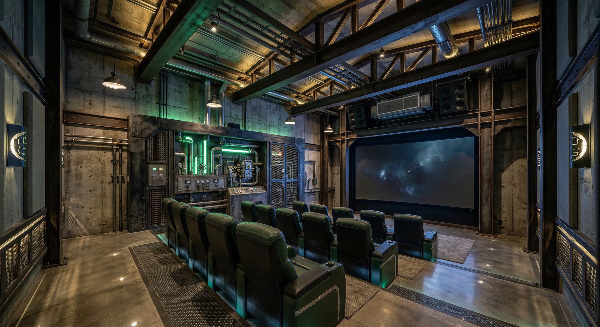 The Laboratory — Exposed concrete, industrial piping, and green-lit control panels create a gamma
