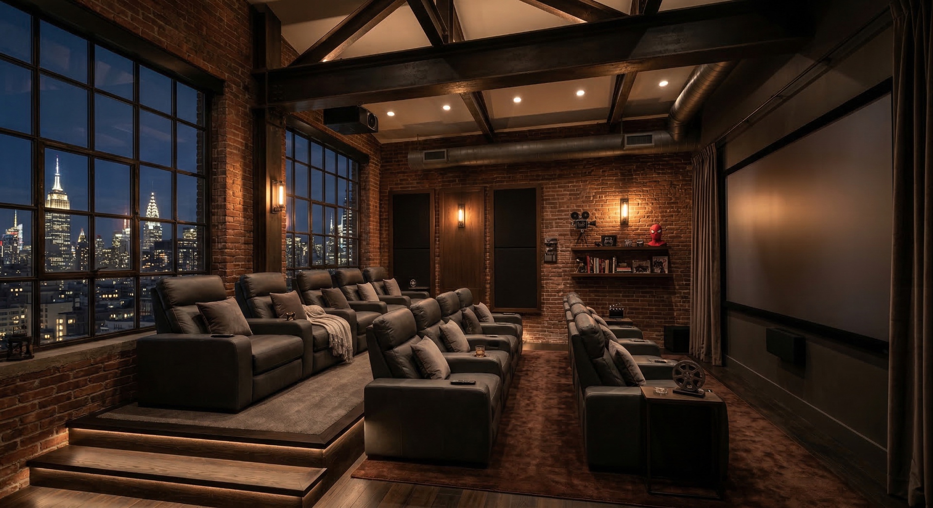 The Industrial Loft — Exposed brick, iron trusses, and factory windows overlooking a skyline set the s