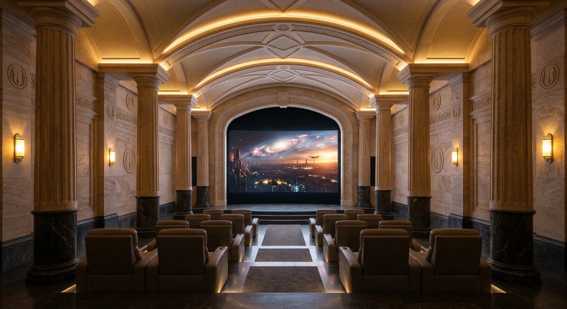 The Jedi Temple — Marble columns, vaulted archways, and warm ambient cove lighting recreate the gr