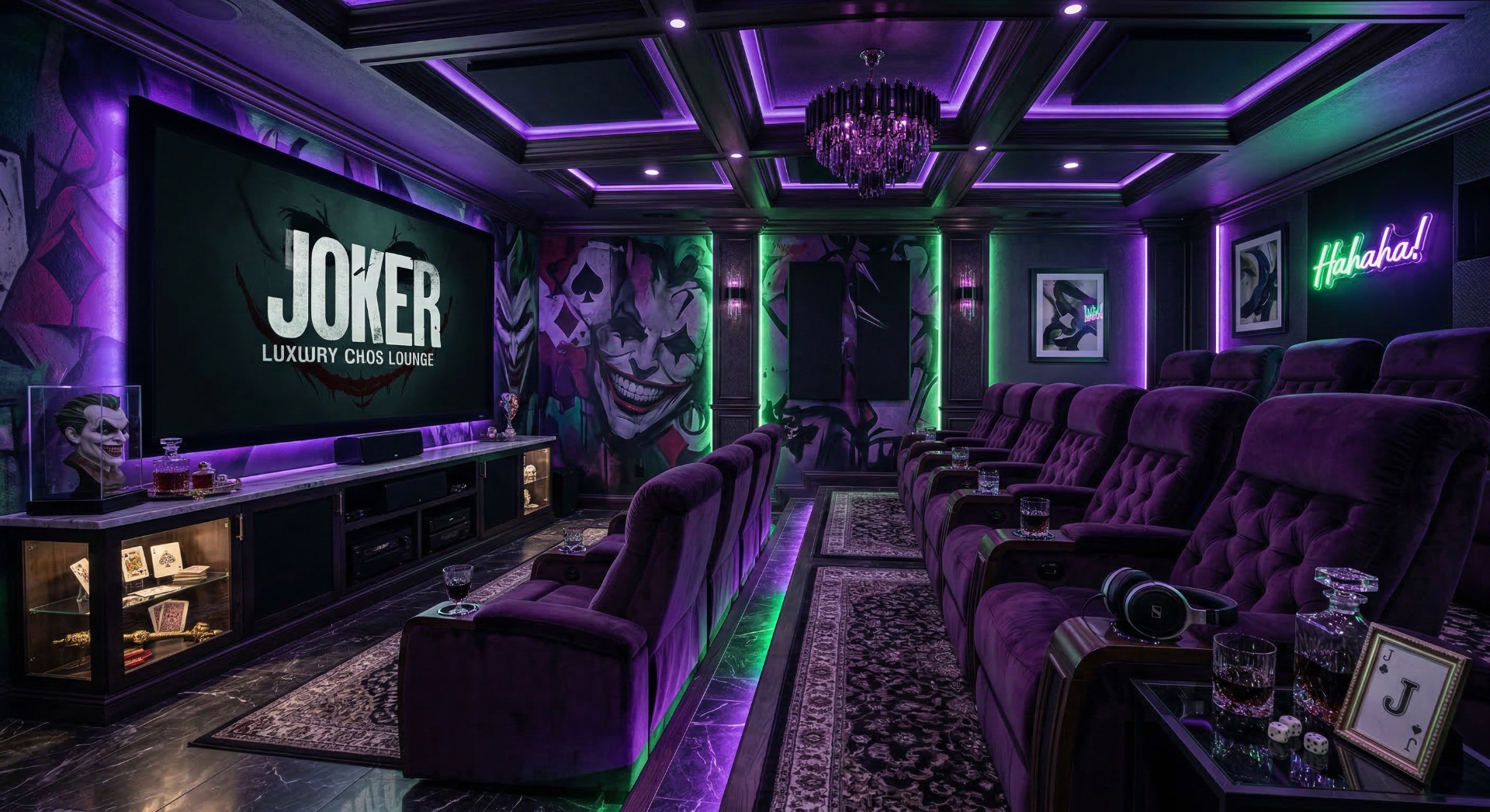 The Chaos Lounge — Purple velvet tufted seating, neon accents, and immersive wall murals create an 