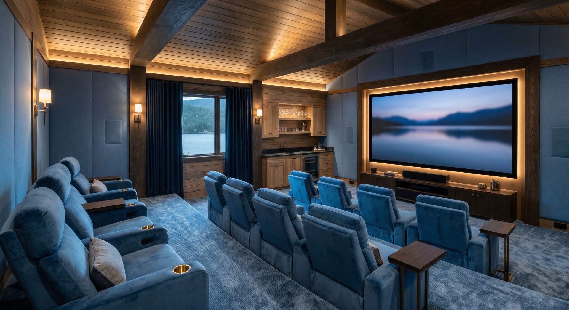 The Lakeside Lodge — Blue velvet recliners, timber beams, and water-view backdrop craft a serene retr