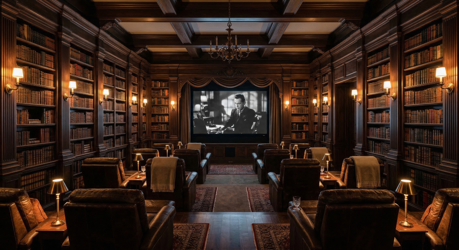 The Grand Library — Floor-to-ceiling bookshelves, a chandelier, and coffered ceilings frame a curtai