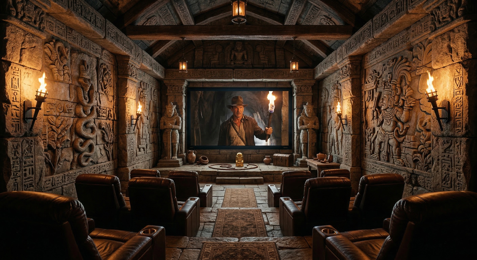 The Lost Temple — Carved stone hieroglyphs, torch sconces, ancient artifacts, and a temple-framed 